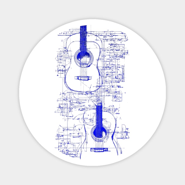 Blue Neon Acoustic Guitar Da Vinci blueprint Magnet by Trip Tank